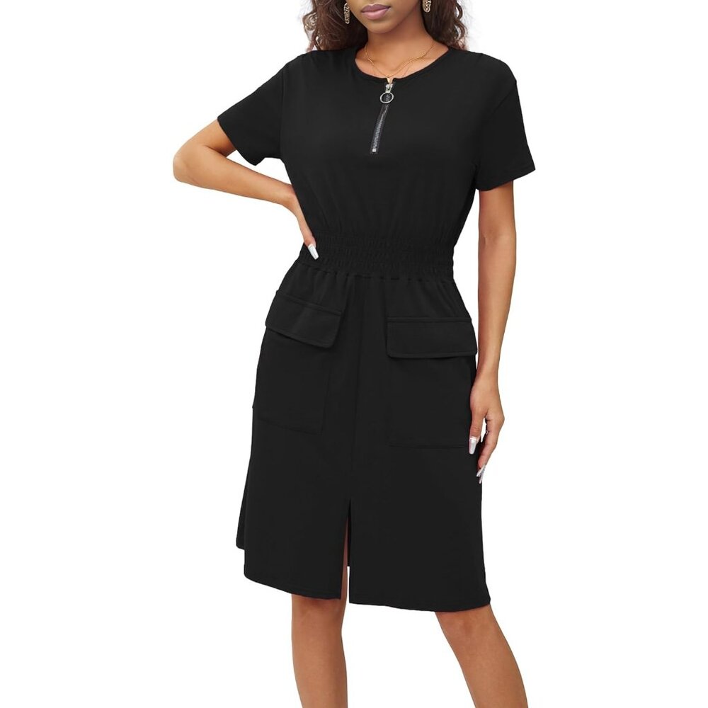 Womens Summer Work Tshirt Dress Smocked Waist Office Dress